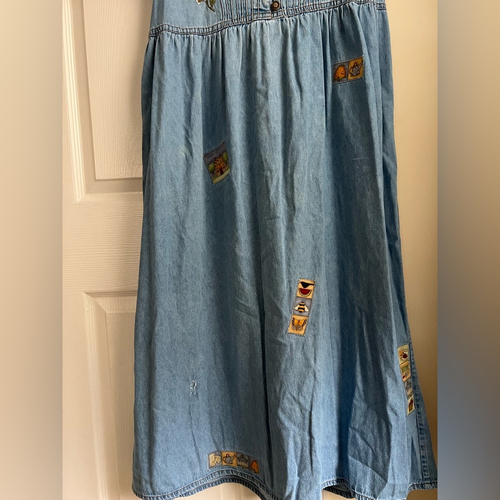 Vintage Jane Ashley Blue Denim Tie Back Garden Patchwork Cottagecore Dress Large - Picture 14 of 14